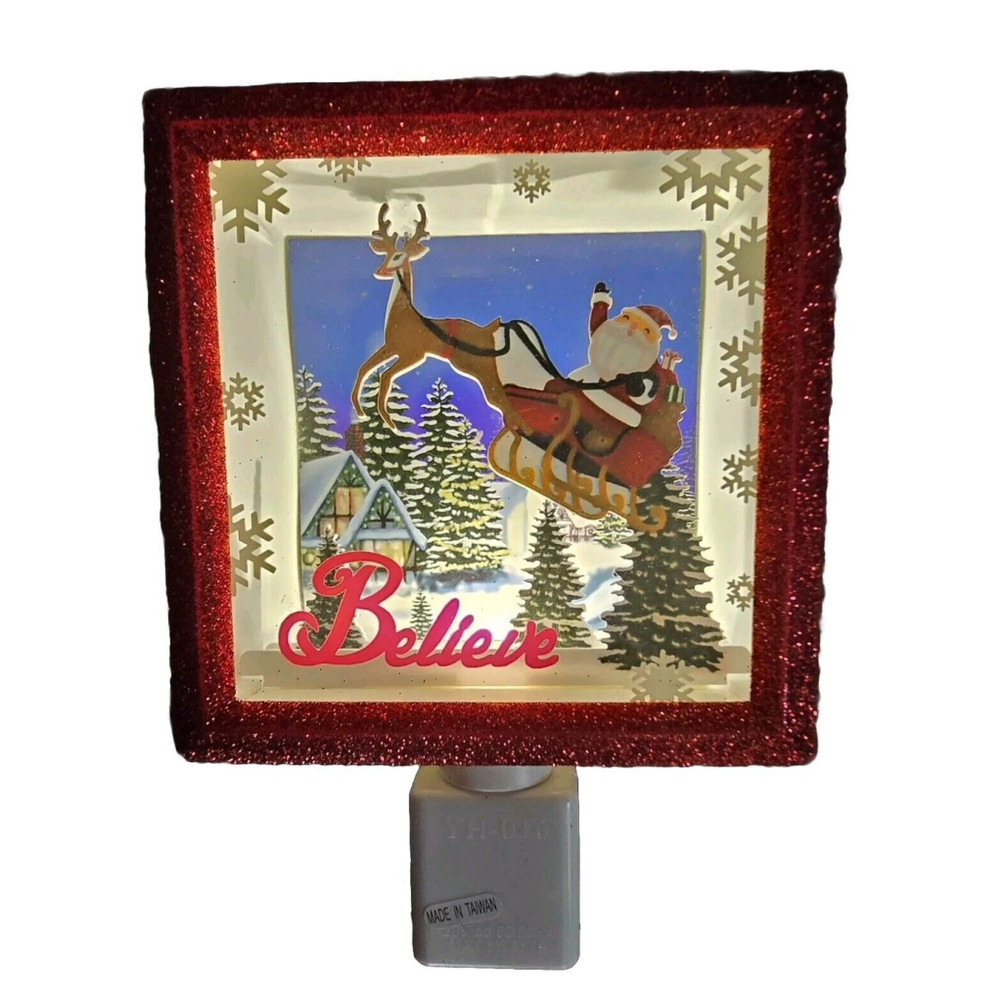 Cute BELIEVE Santa Claus Night Light Reindeer Christmas Holiday Sparkly